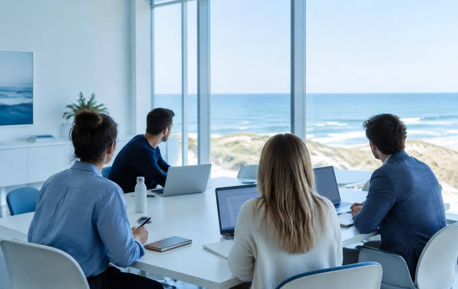 Profesionales colaborando en una sesión de formación junto al océano